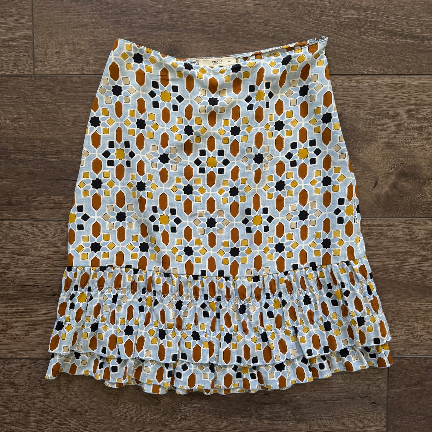 blue multicolored prada tiered midi skirt