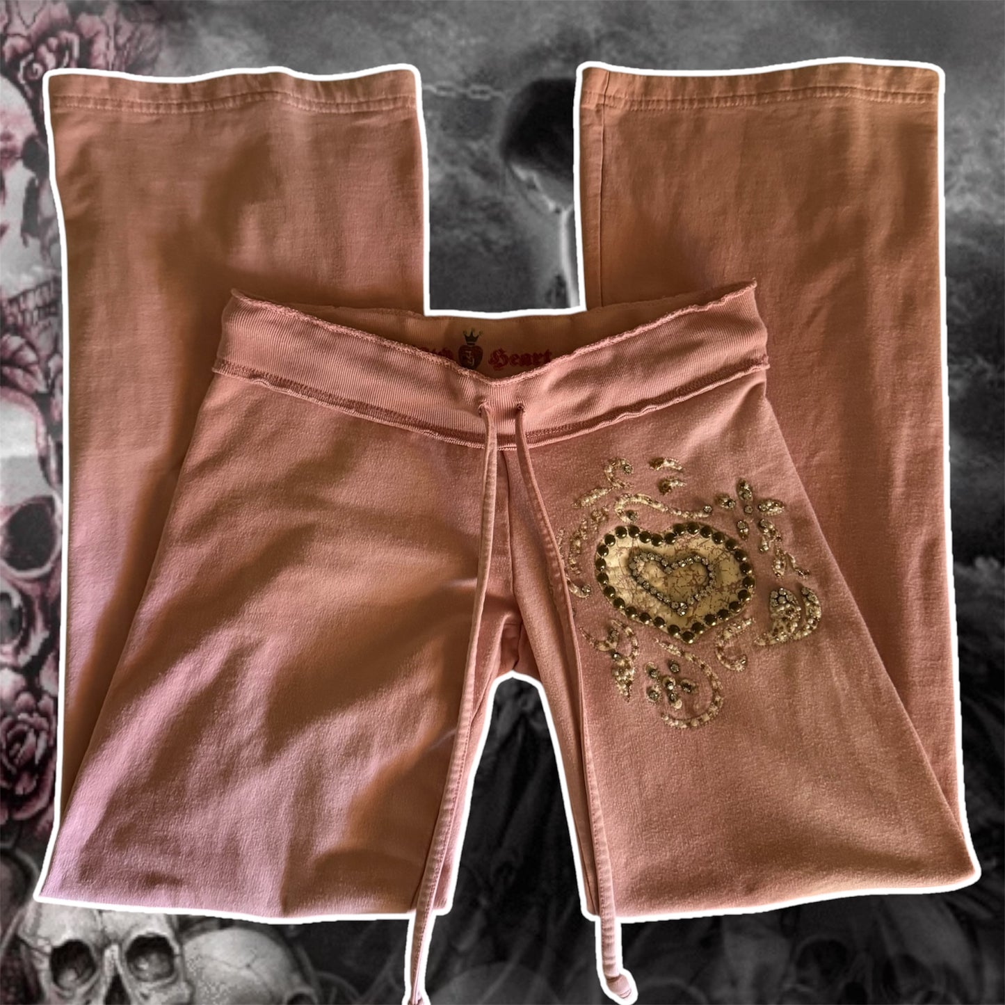 light pink twisted heart rhinestone embellishment low rise flare sweats (S)
