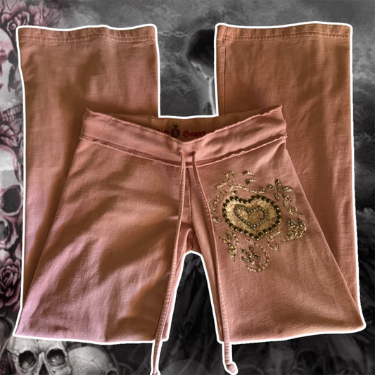 light pink twisted heart rhinestone embellishment low rise flare sweats (S)