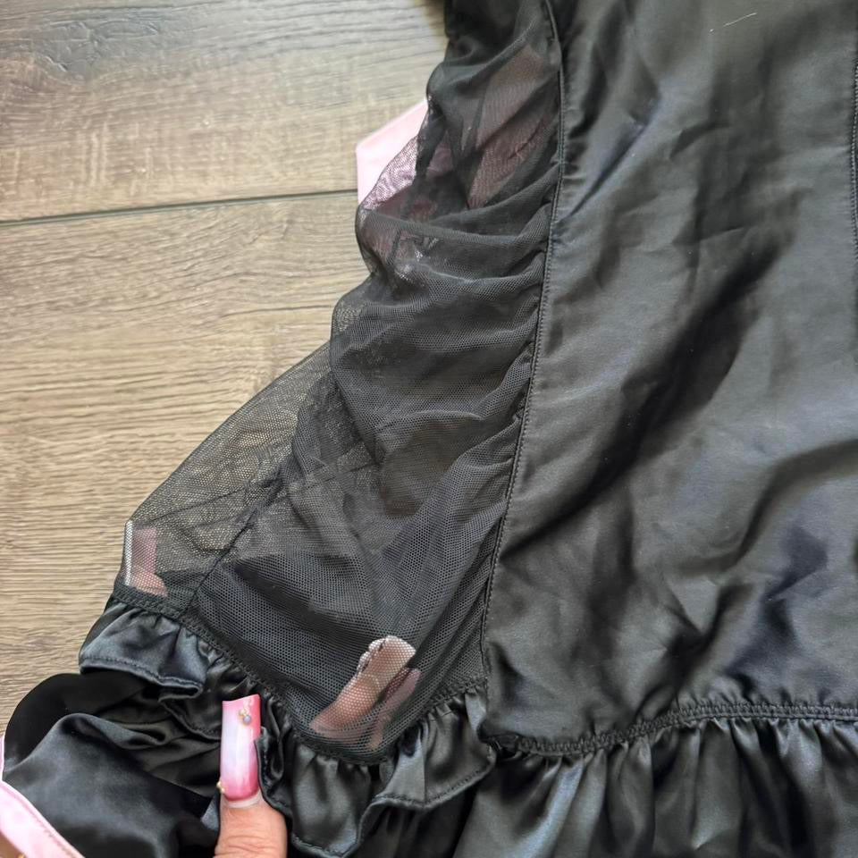 black & pink ruffle tie back gothic lingerie top