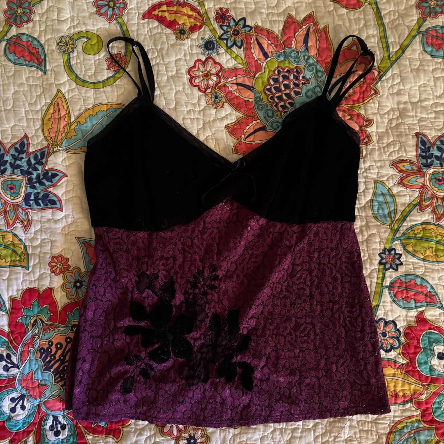 purple & black floral velvet mesh y2k fairy cami top (L/XL)