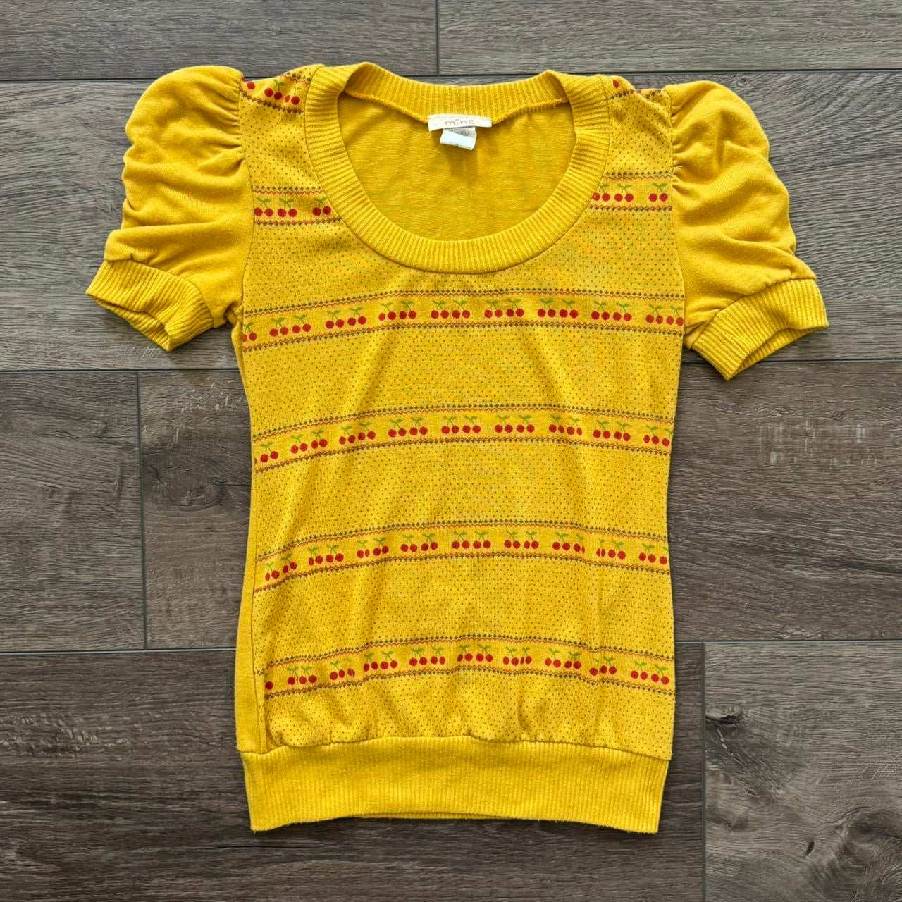 mustard yellow cherry y2k sweater puffy sleeve shirt