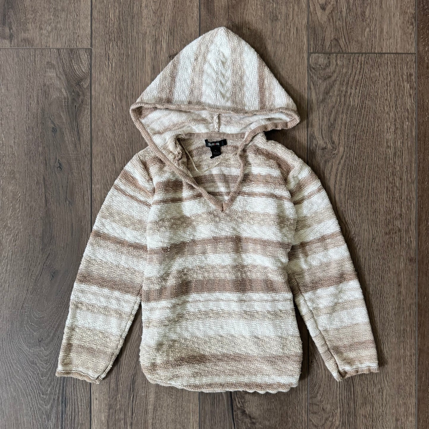 white and light brown striped boho sweater hoodie
