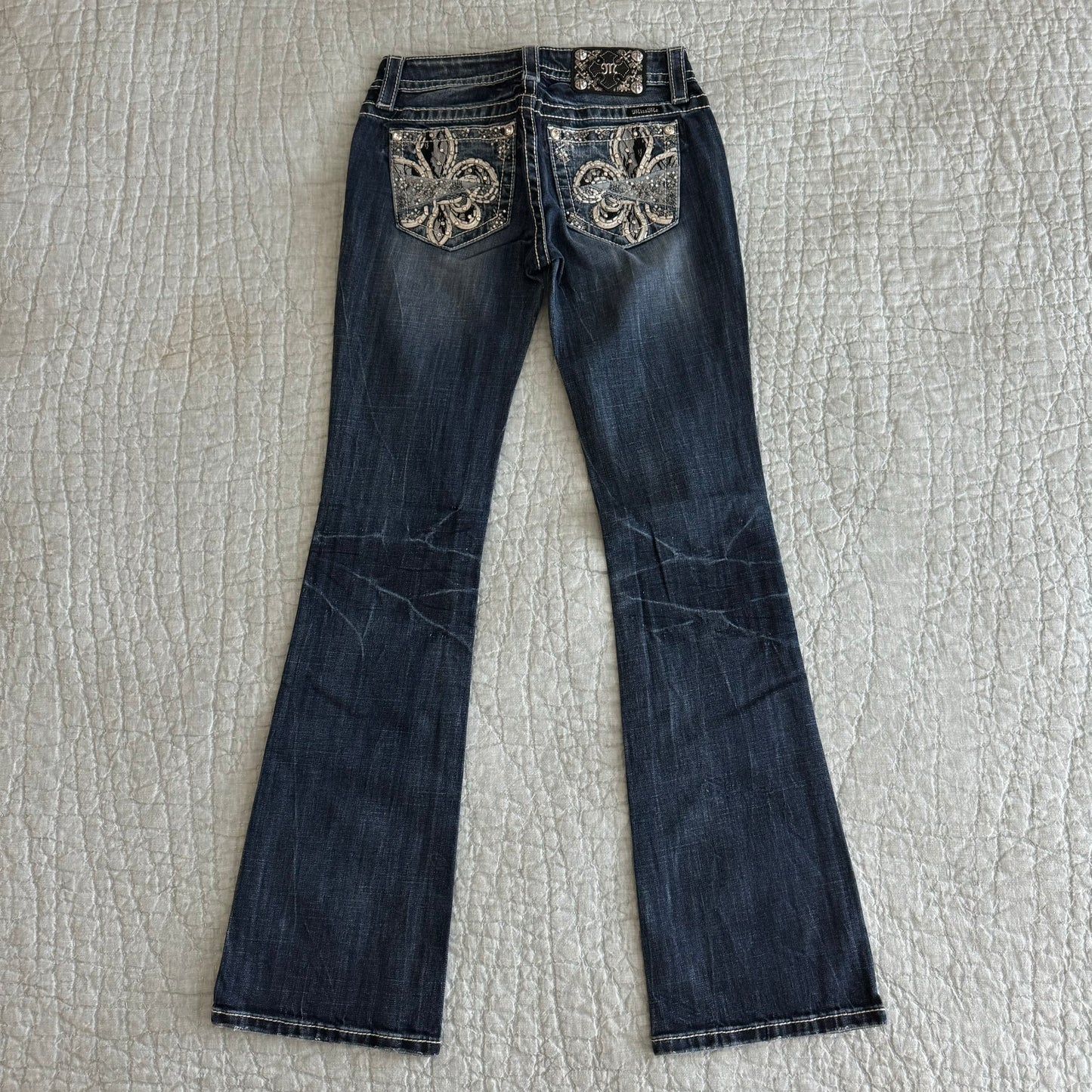 Denim Blue ‘Miss Me’ Embellished Fleur De Lis Y2K Lowrise Bootcut Jeans