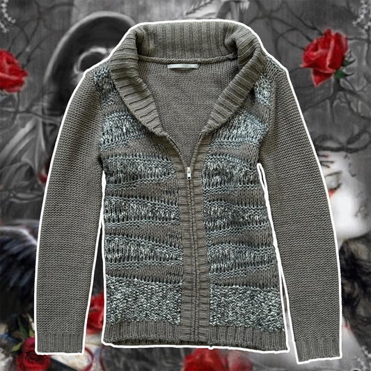 grey & sliver y2k knitted grungy zip up sweater jacket