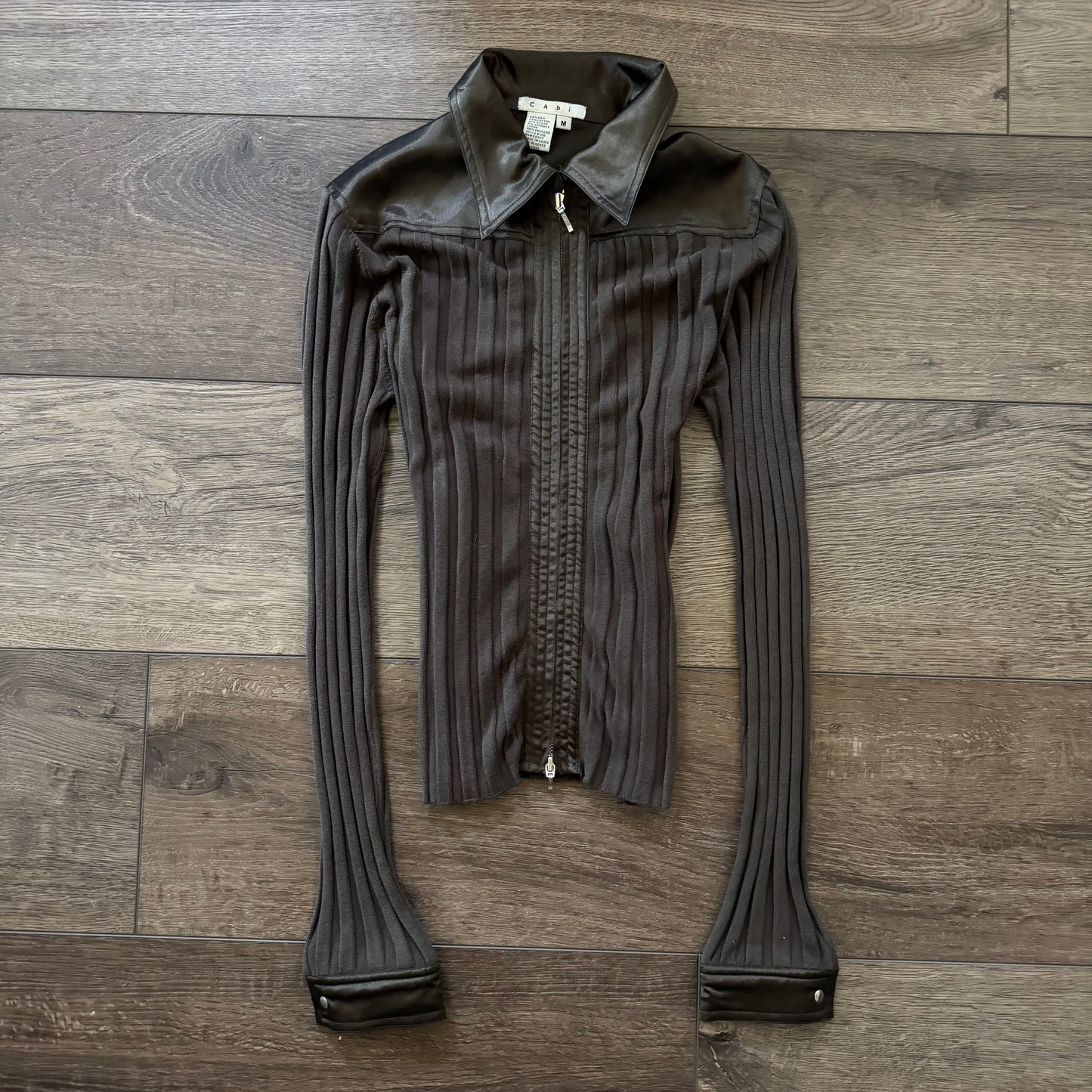 brown 90’s cabi silk long sleeve double zip jacket (M)