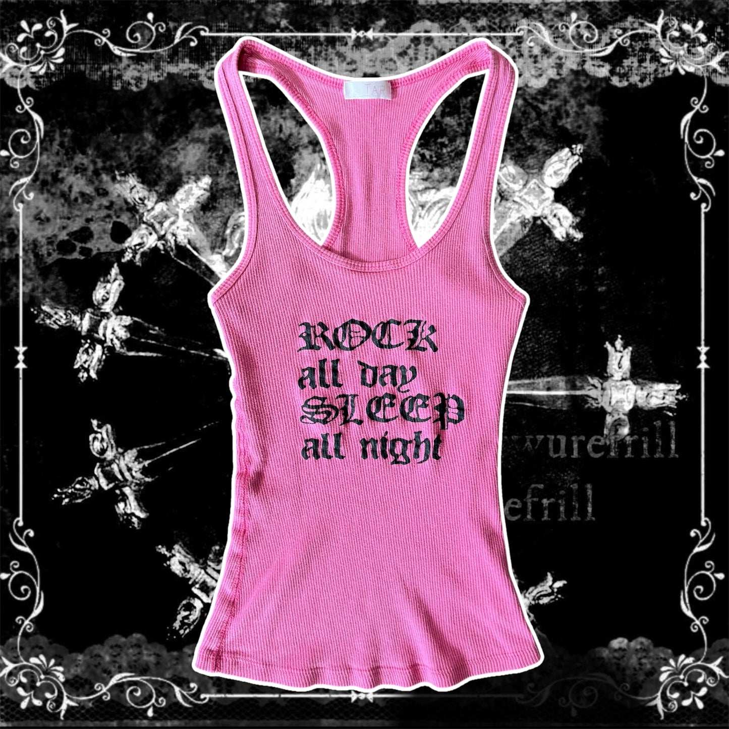 pink & black rock all day sleep all night y2k graphic tank top