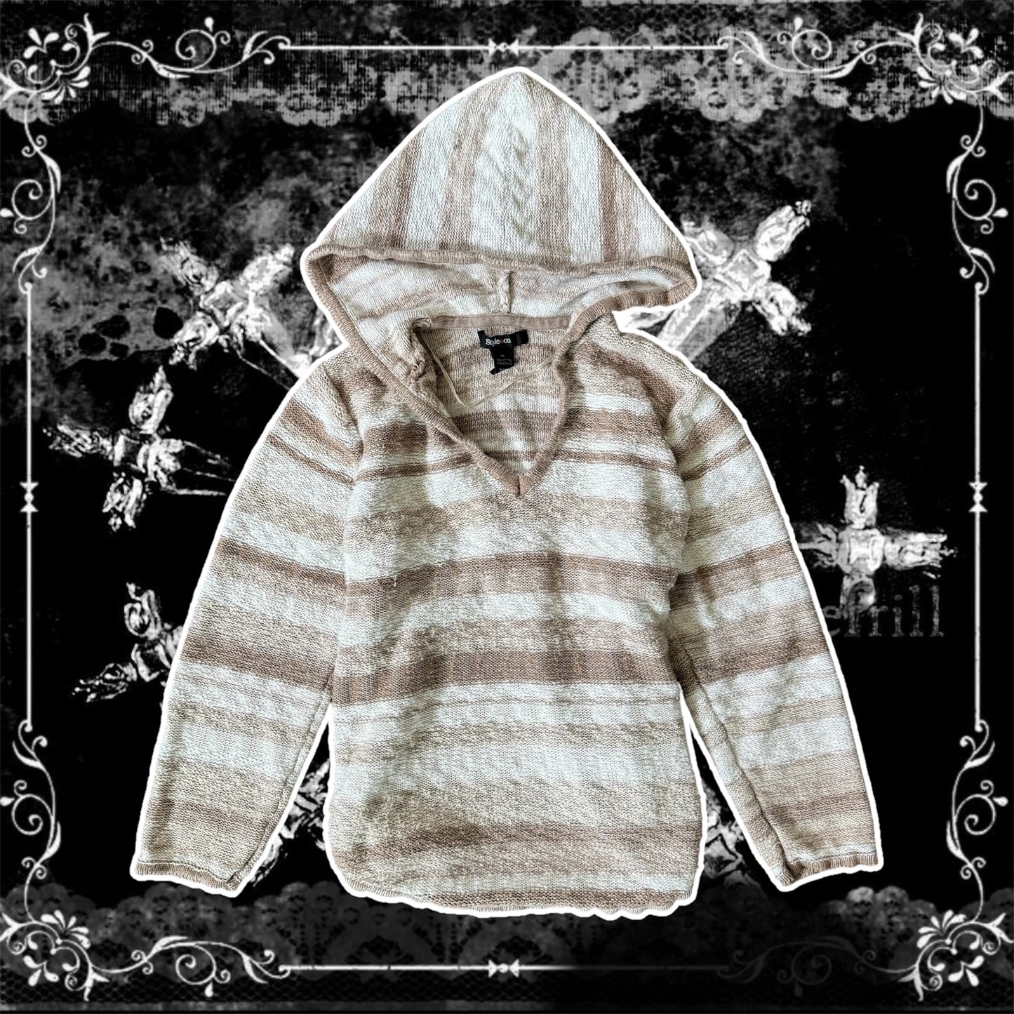 white and light brown striped boho sweater hoodie