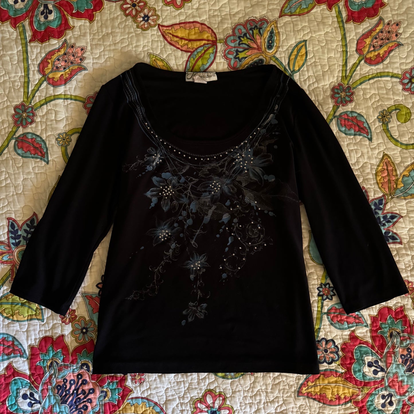 blue and black floral rhinestone y2k 3/4 sleeve blouse (M)