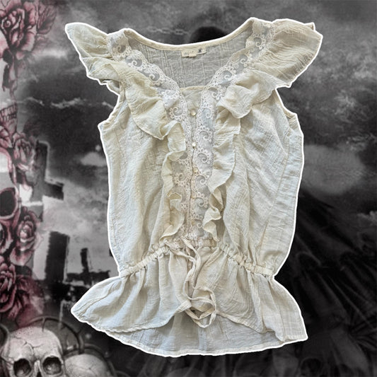 creme cottagecore ruffle scrunched blouse (S)