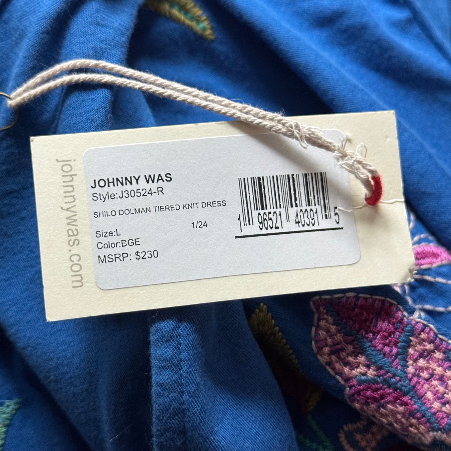 blue NWT boho floral johhny was inspiring embroidered words tiered dress