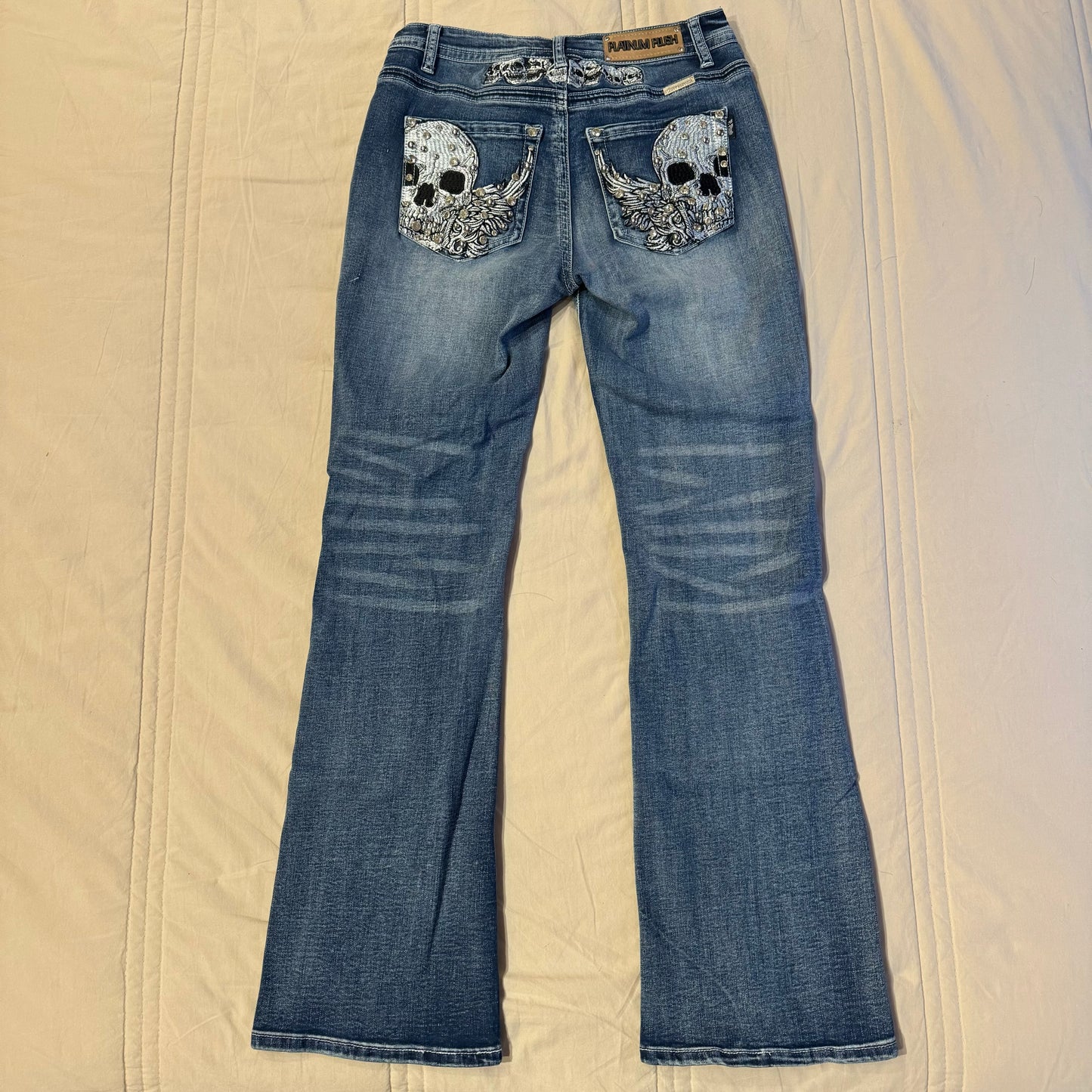 Denim Blue ‘Platinum Plush’ Skull Embroidered High Rise Bootcut Jeans