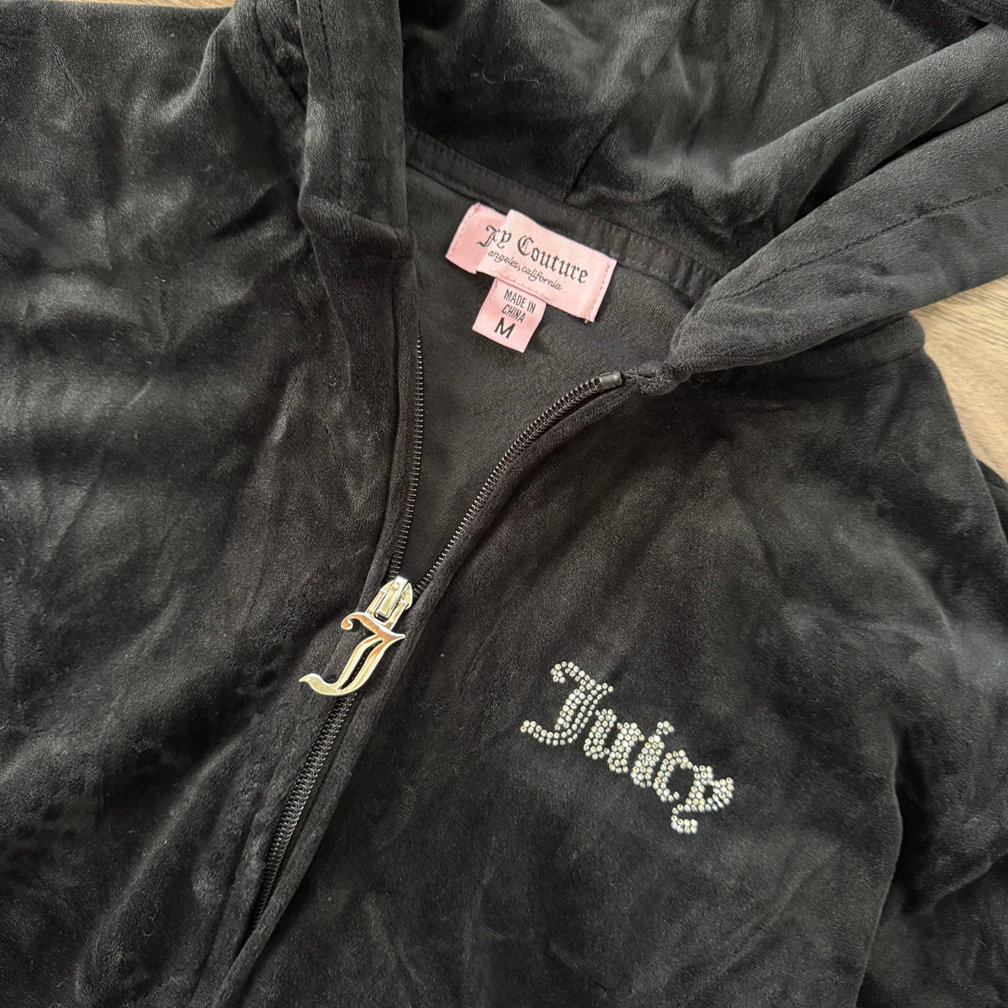 black juicy couture rhinestone zip up velvet jacket (M)