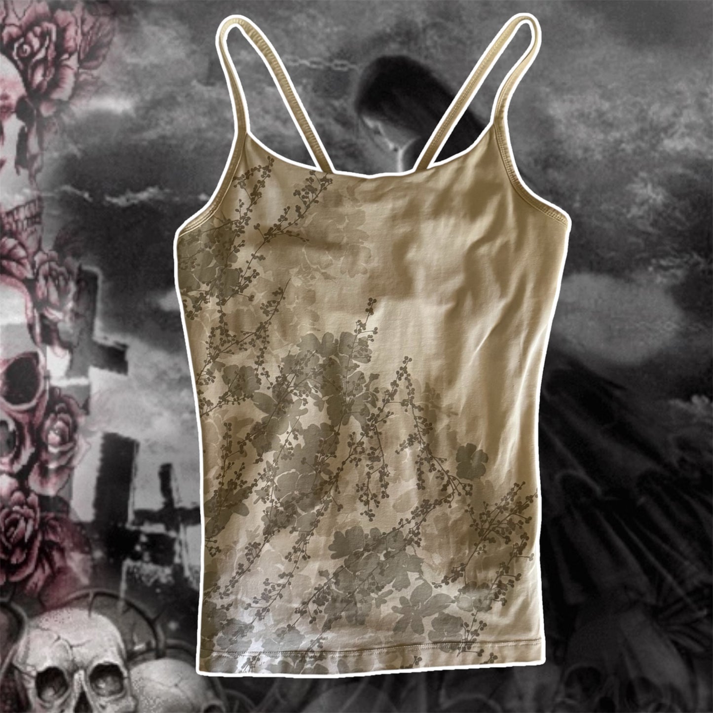 beige floral grungy y2k stretchy cami top (S)