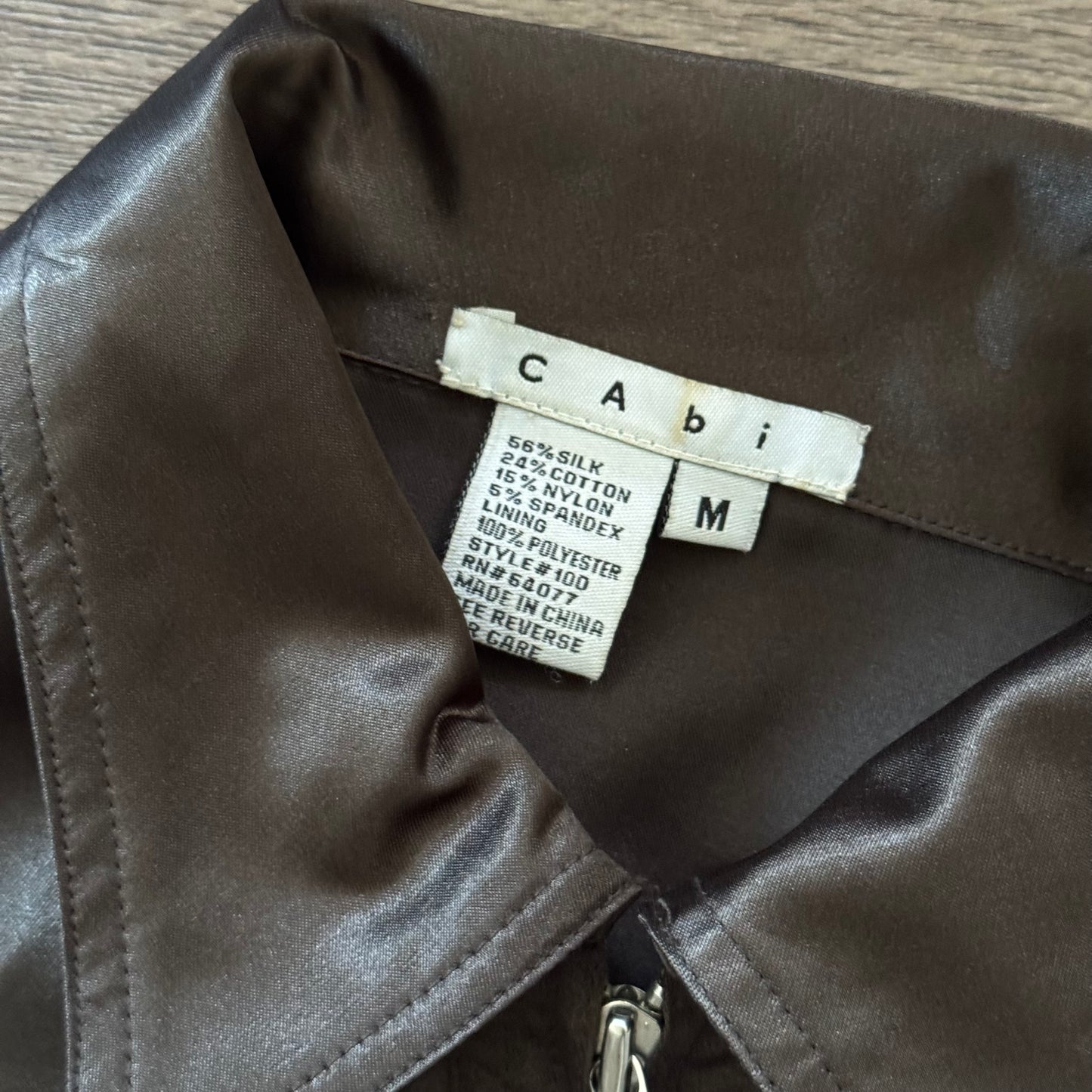 brown 90’s cabi silk long sleeve double zip jacket (M)