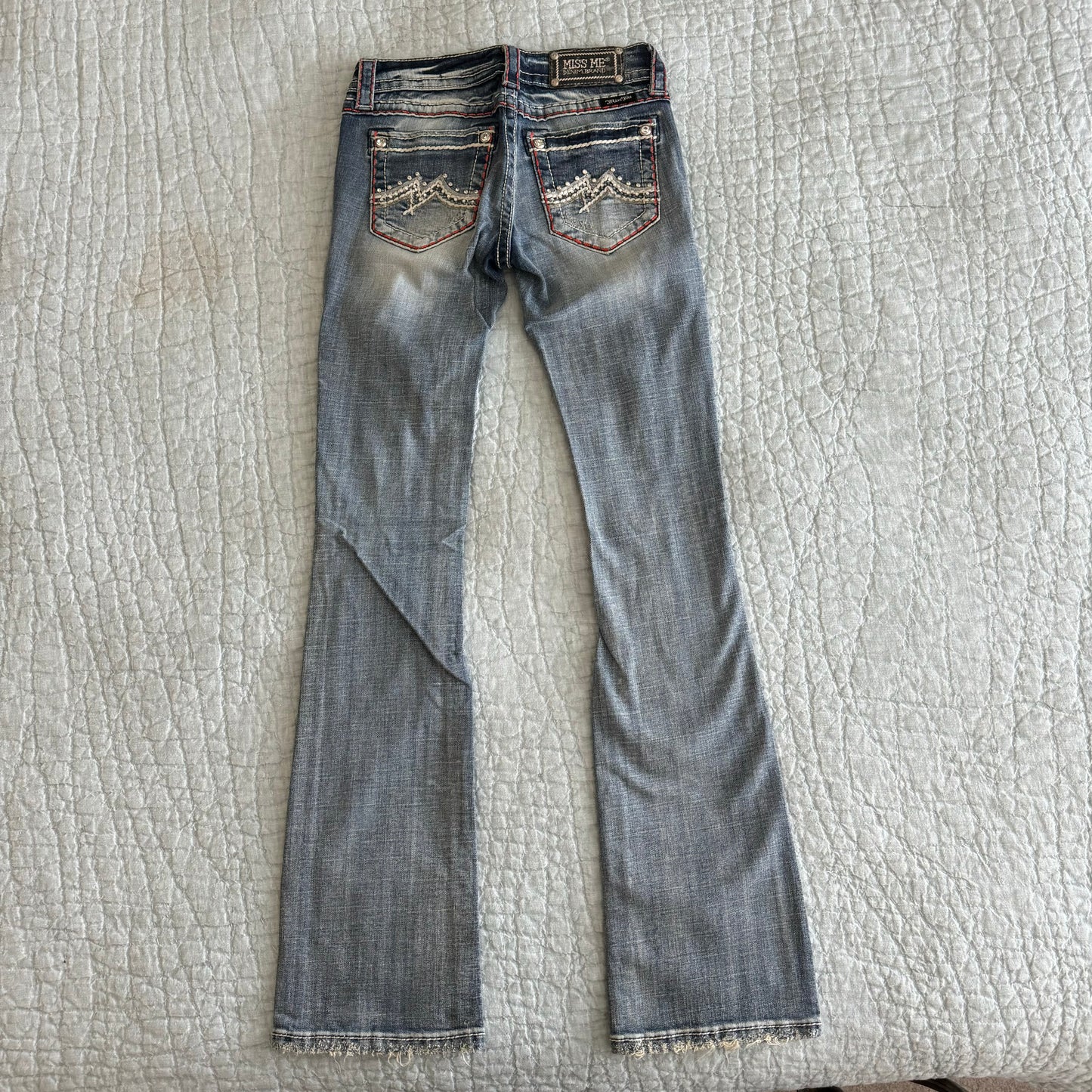 Denim Light Wash ‘Miss Me’ Red Contrast Stitching Y2K Lowrise Bootcut Jeans