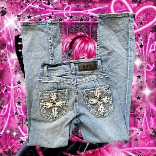 Light Washed ‘SKY’ High Rise Cross Rhinestone Straight Jeans