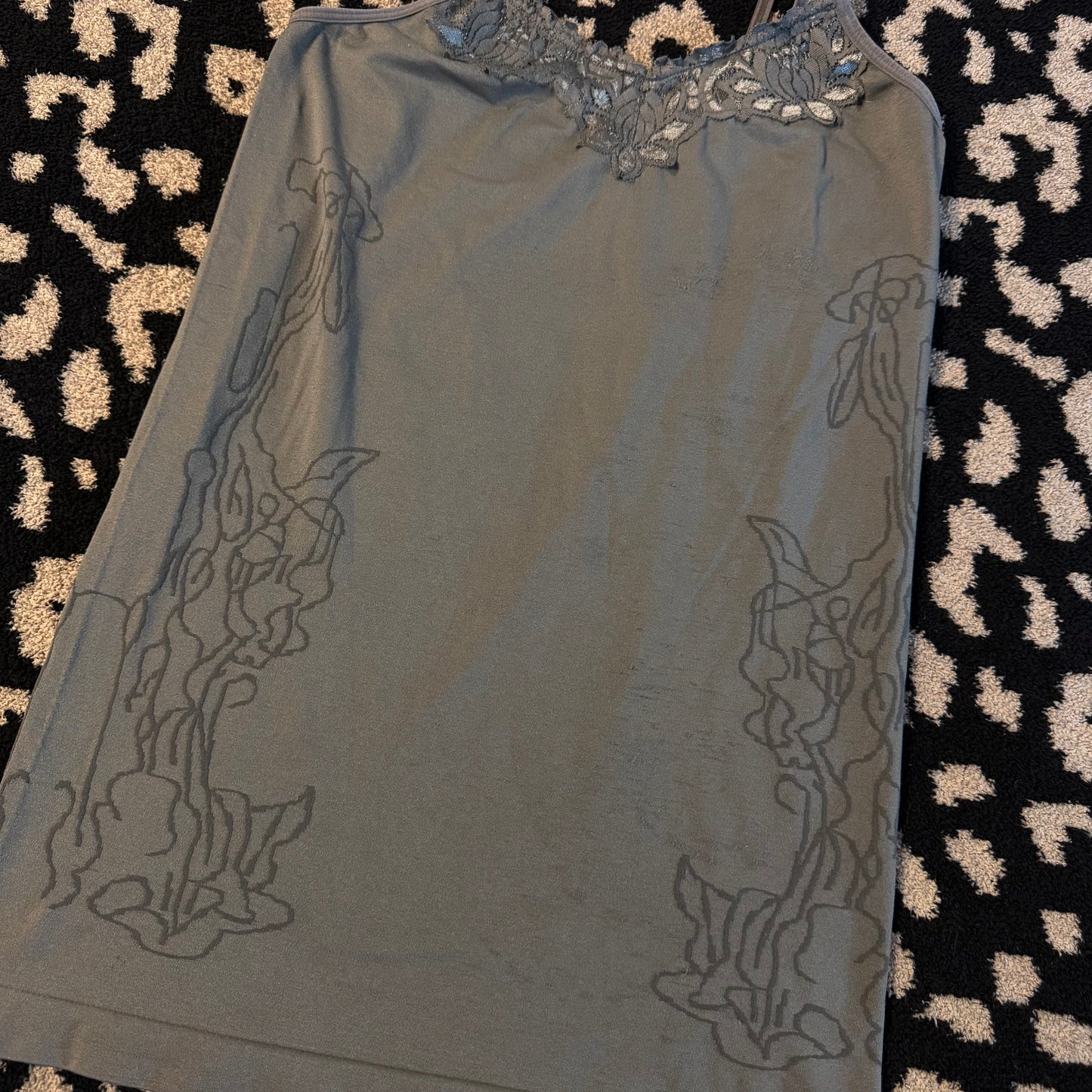 dark grey floral stretchy lace trim cami top (OS)