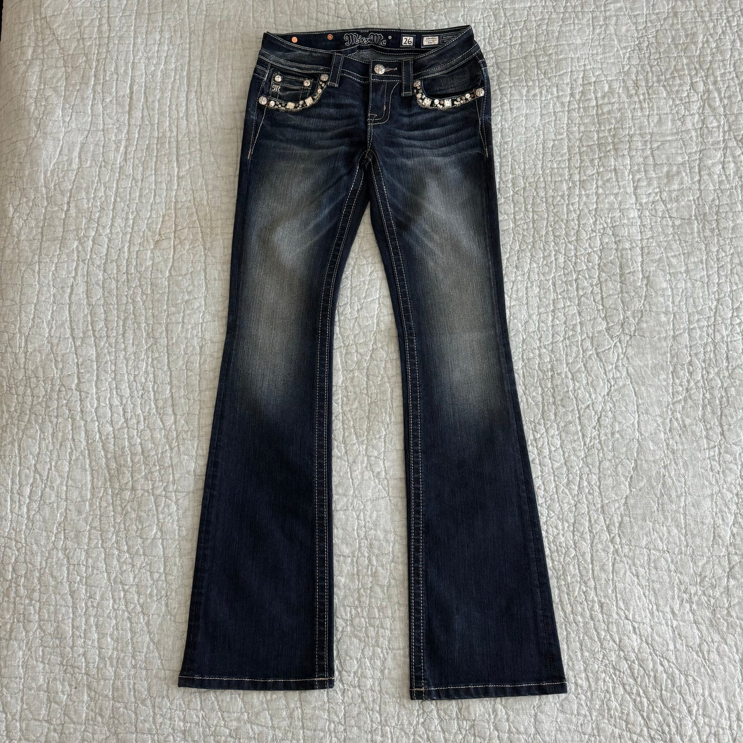 Dark Denim Blue ‘Miss Me’ Y2K Deadstock Embellished Angel Wings Bootcut Lowrise Jeans