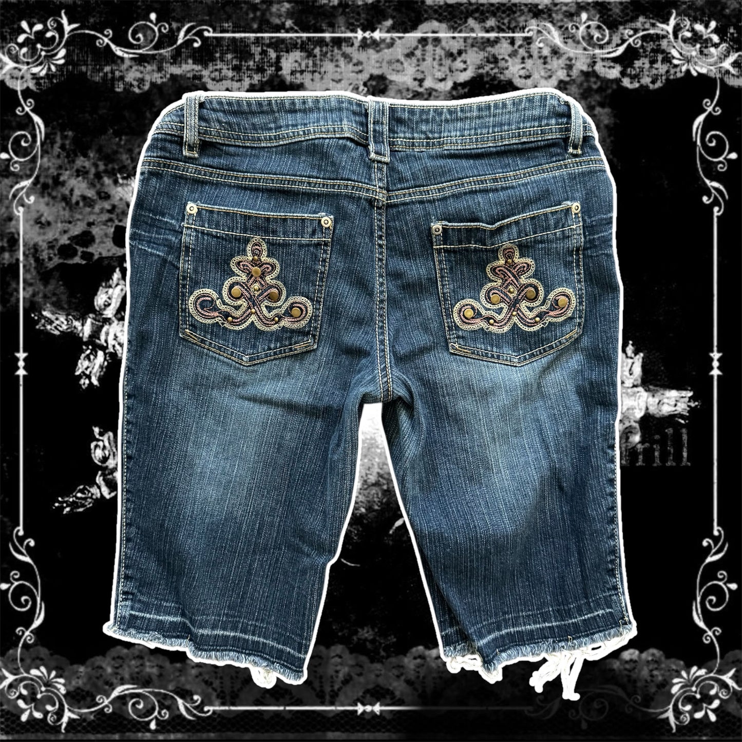 denim blue gold embellished y2k distressed capri midrise pants