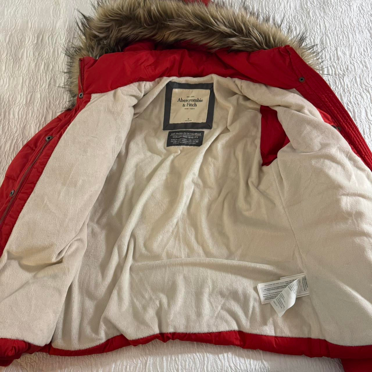 red abercrombie & fitch puffer fur trim premium jacket