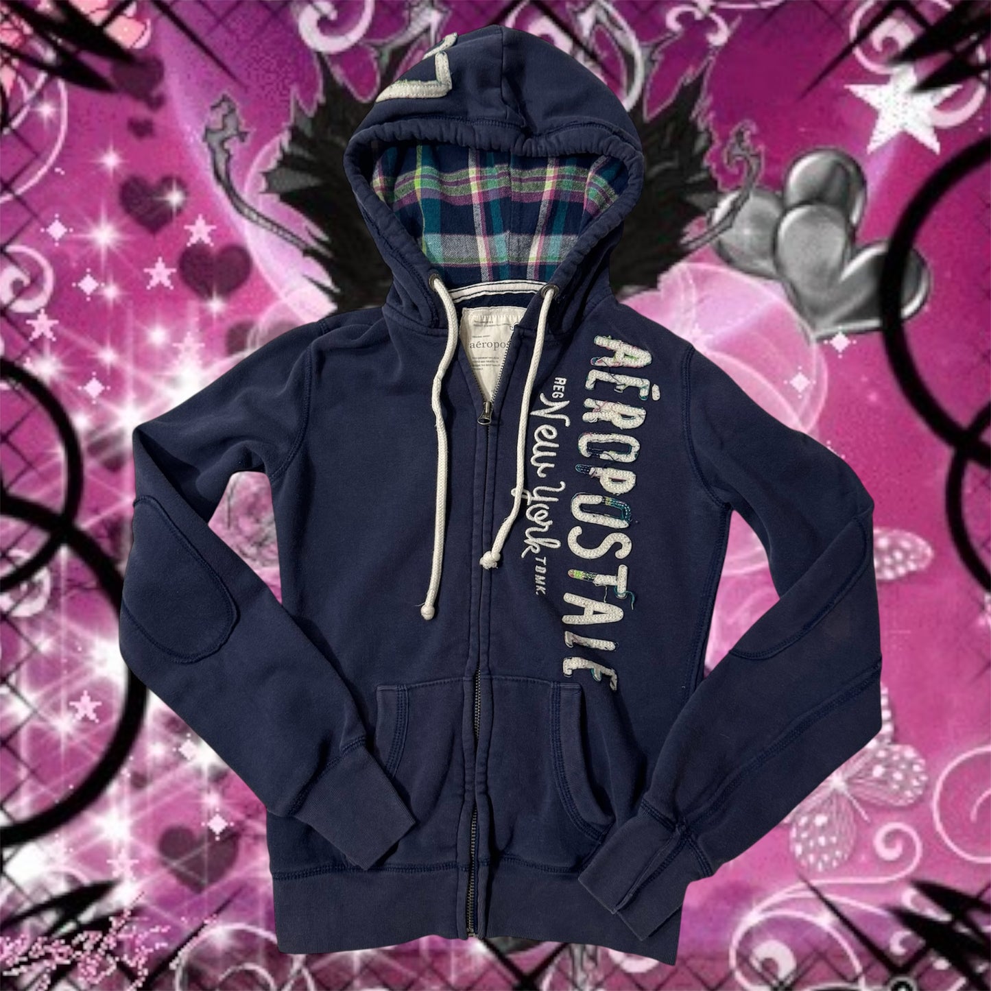 Navy Blue ‘Aeropostale’ Y2K Zip Up Plaid Hoodie