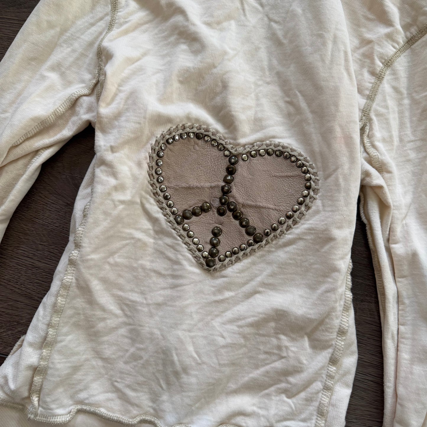 crème rhinestone heart peace sign y2k distressed hoodie