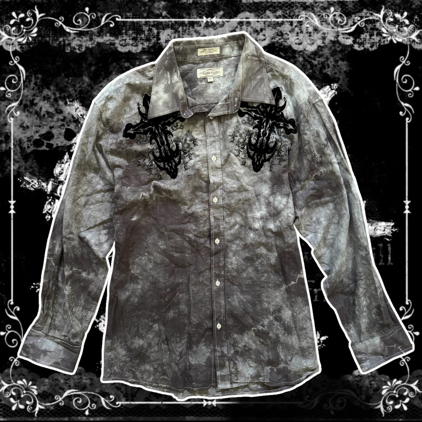 grey & black tie dye cybery2k cross button up men’s collared shirt