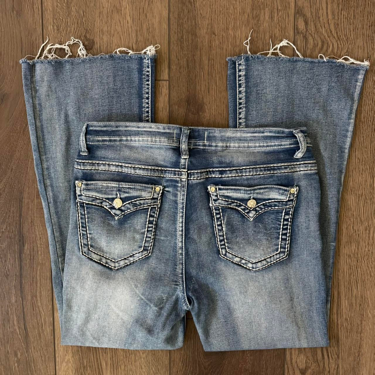 light blue distressed y2k rhinestone embellished contrast stitching highrise bootcut jeans