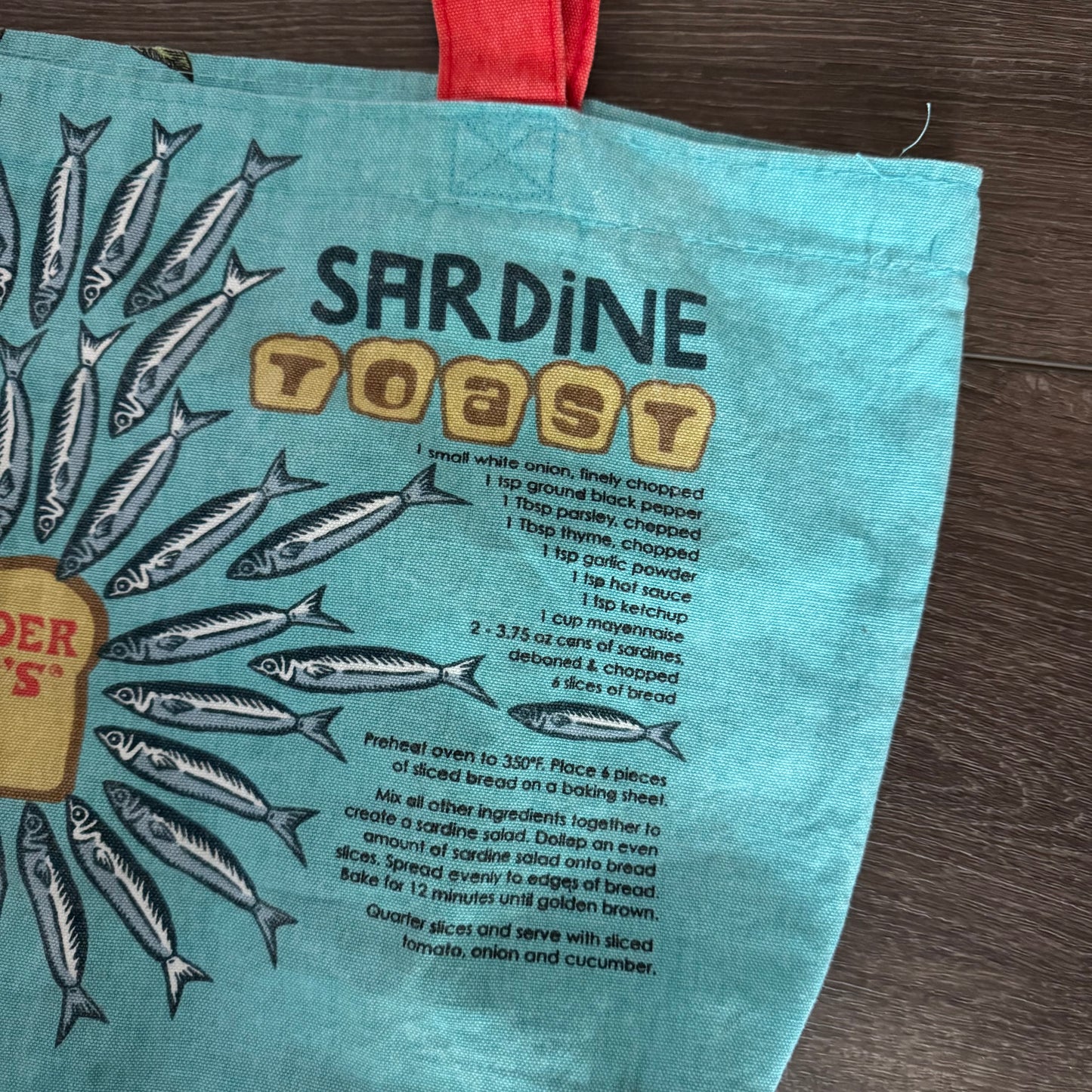vibrant teal and red trader joe’s sardines tote bag
