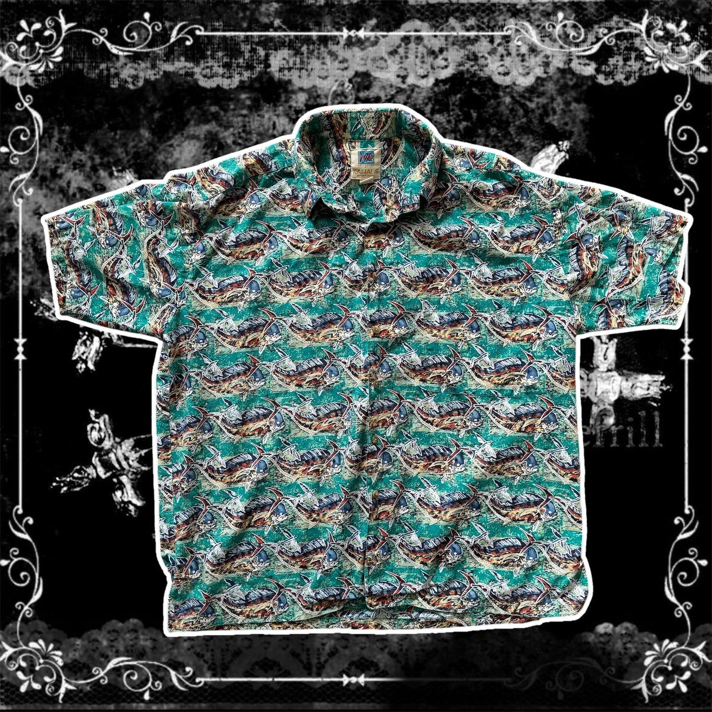 green vintage hawaiian fish print button up short sleeve men’s shirt