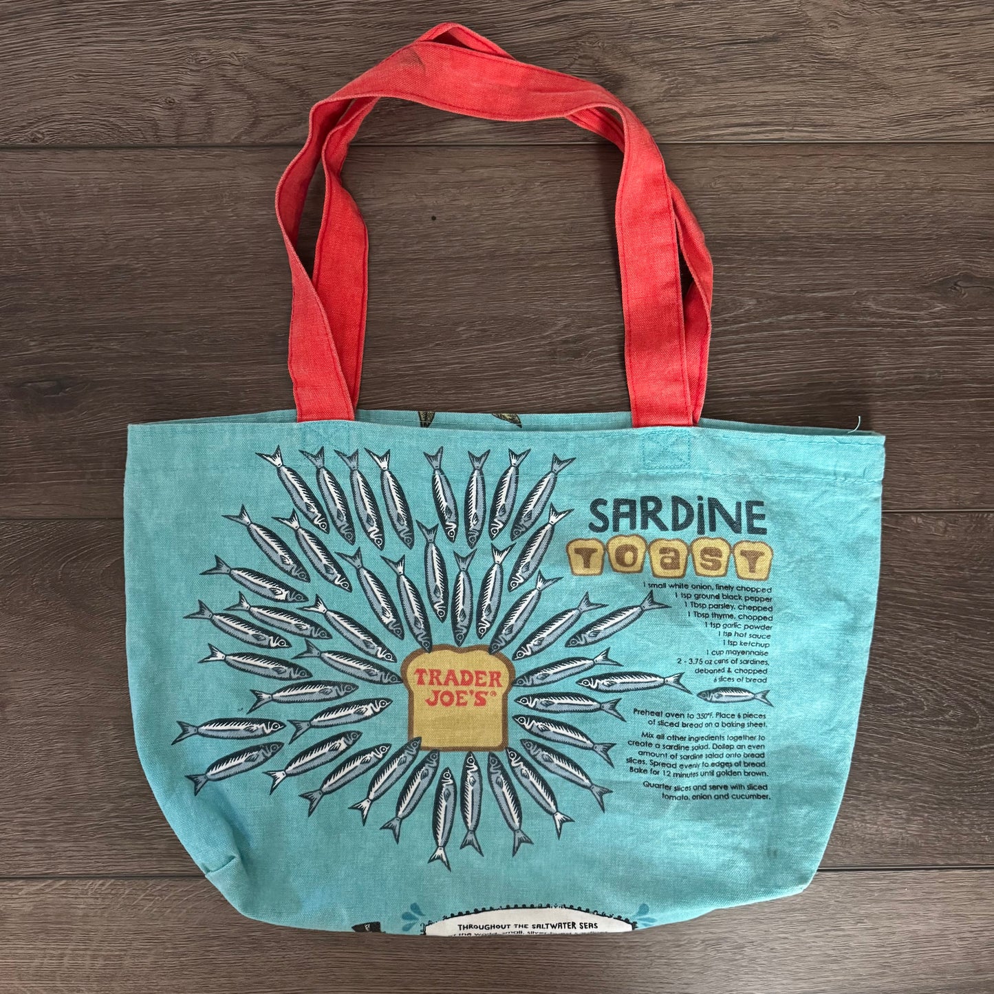vibrant teal and red trader joe’s sardines tote bag