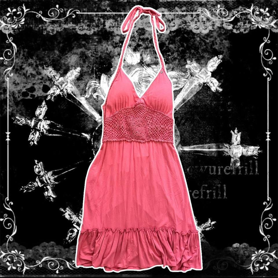 pink guess halter crochet detailing dress