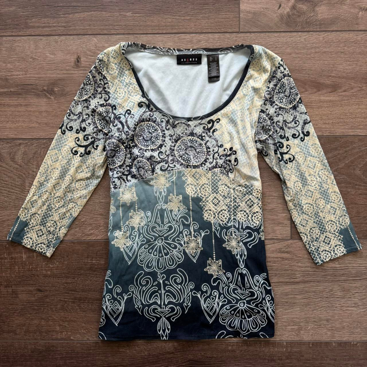 blue paisley long sleeve babydoll blouse