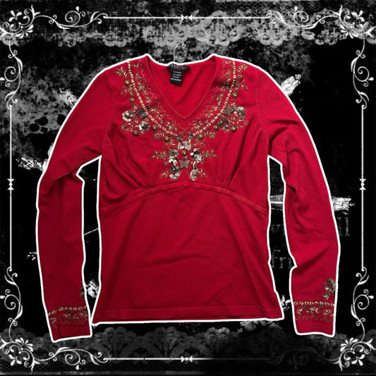 Red ‘Cyrus’ Butterfly Sequin Beaded Long Sleeve Top