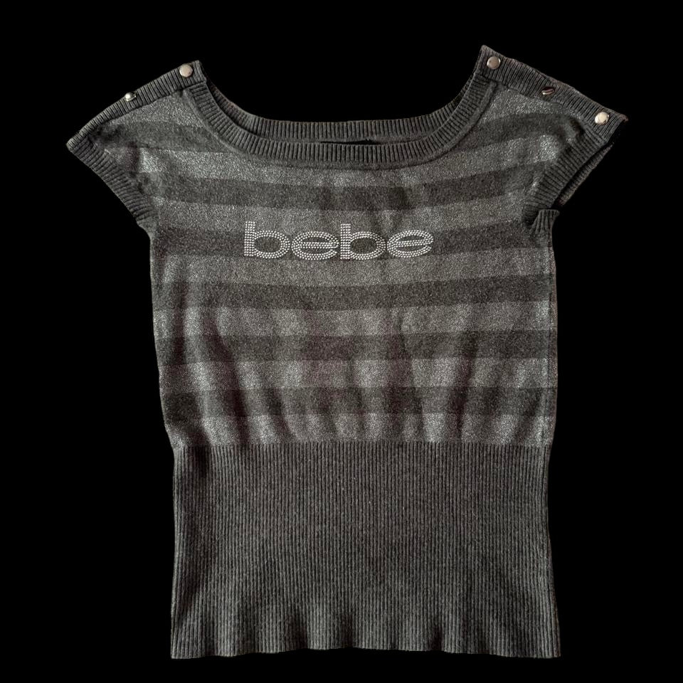 Grey ‘Bebe’ Rhinestone Short Sleeve Sweater