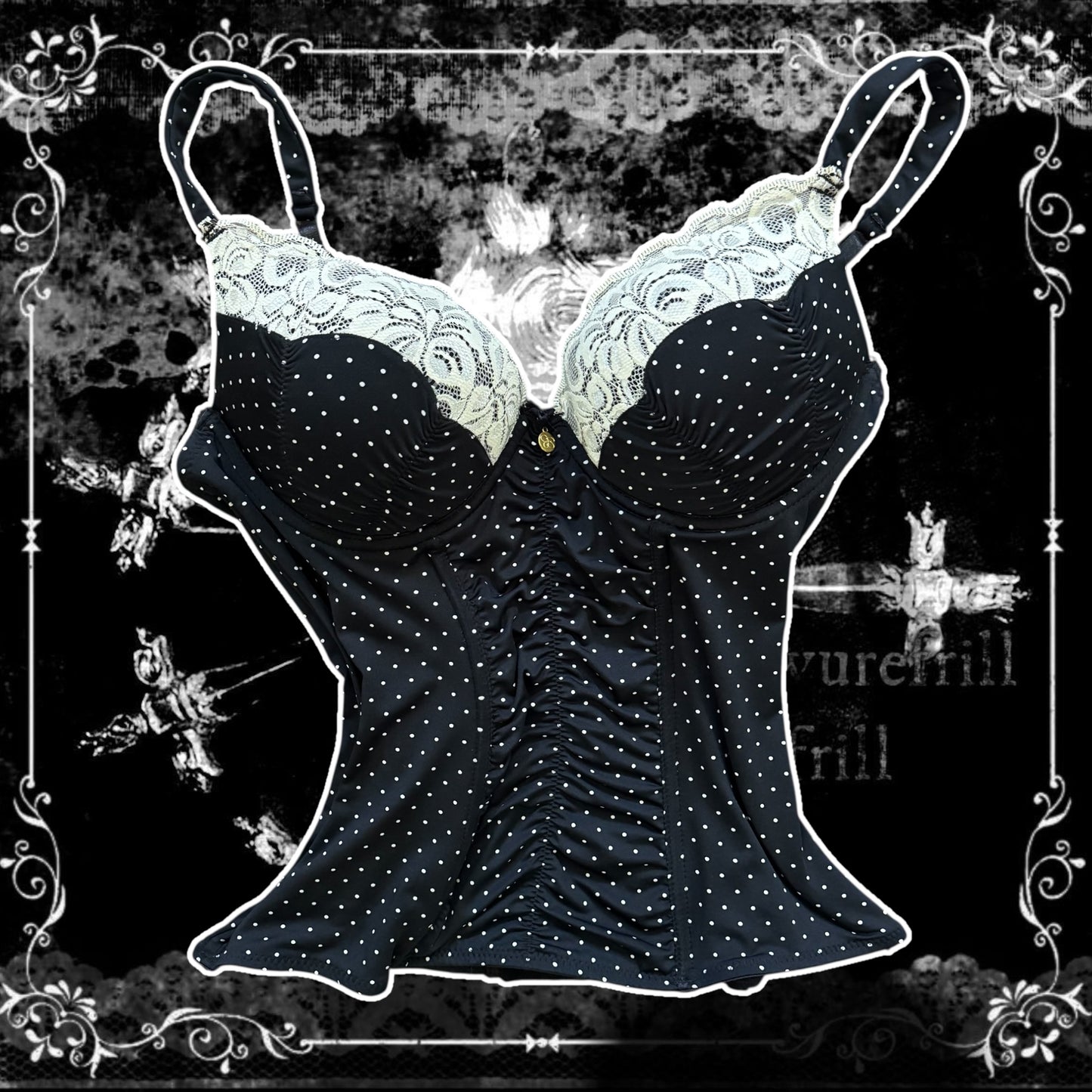 navy blue & white polka dot lace trim corset top