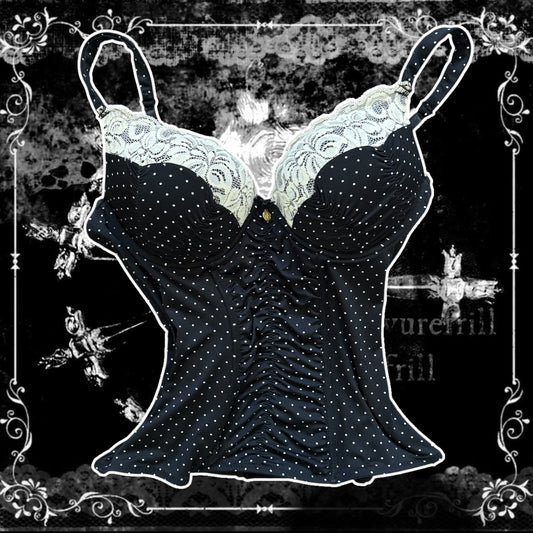 navy blue & white polka dot lace trim corset top