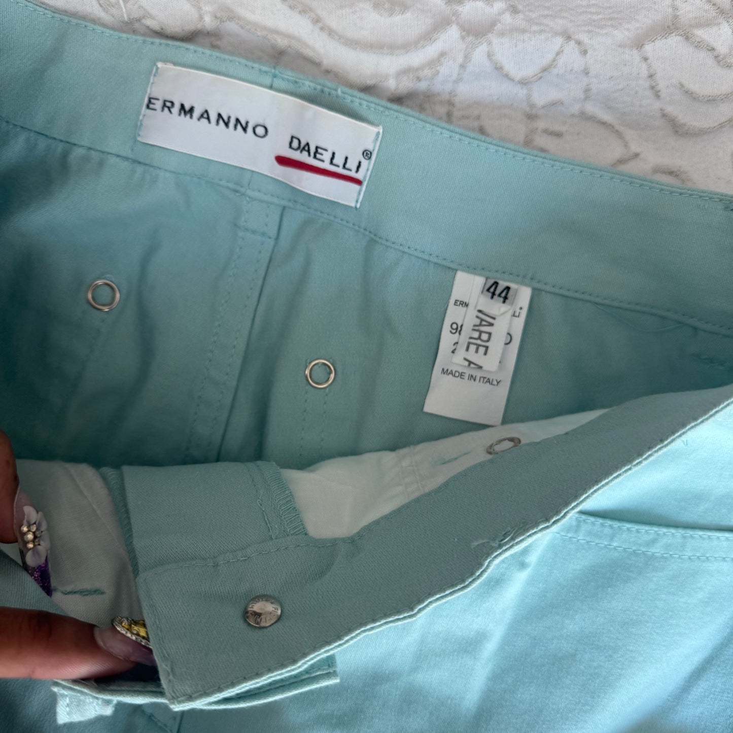 teal blue euro italian designer high waisted fringe capri pants