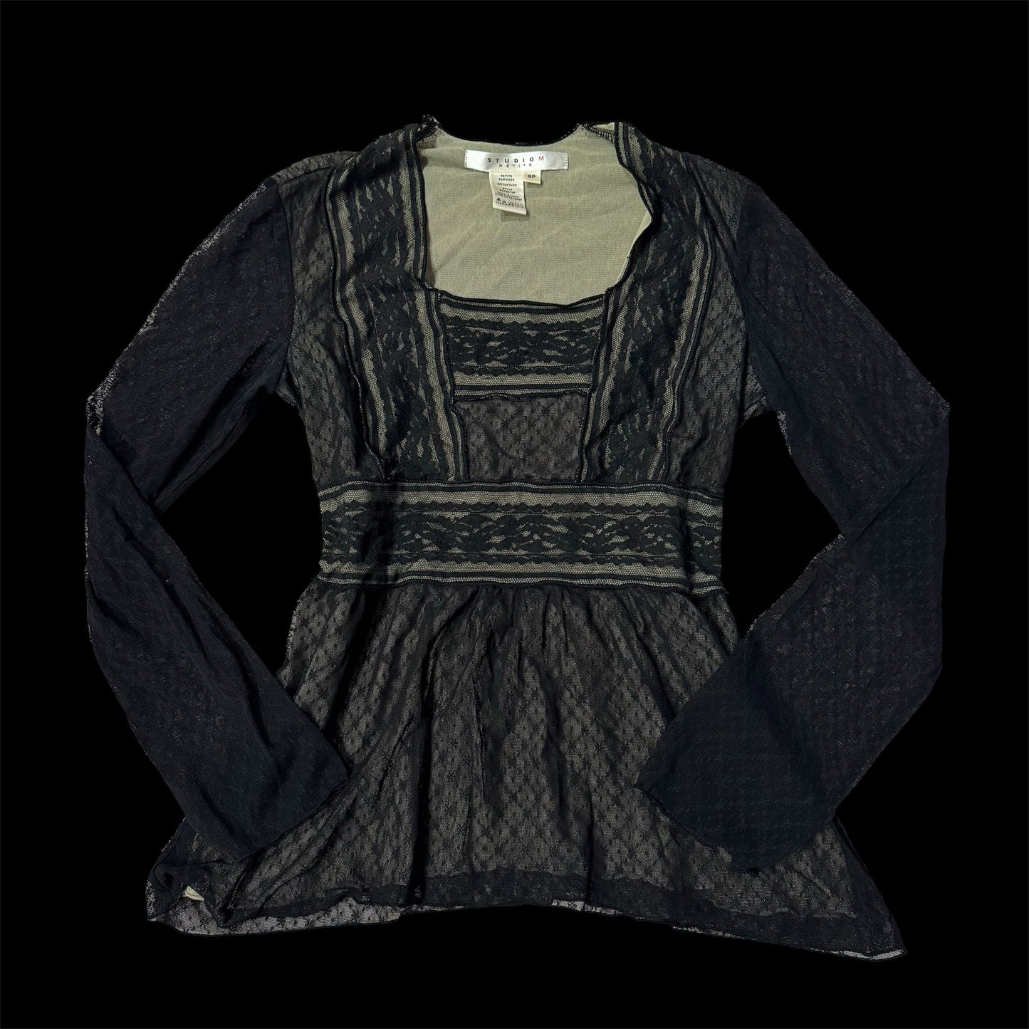 Black & Crème ‘Studio M’ Lace Mesh Long Sleeve Top