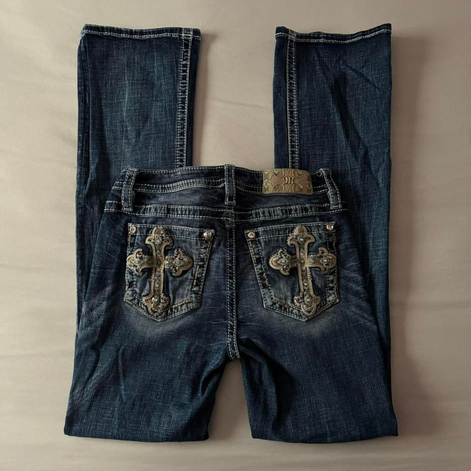 Denim Blue ‘Missme’ Aztec Embroidered Cross Bootcut Midrise Jeans