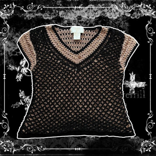 Black & Light Brown ‘Kroshetta by Papillon’ Crotchet V Neck Cropped Top