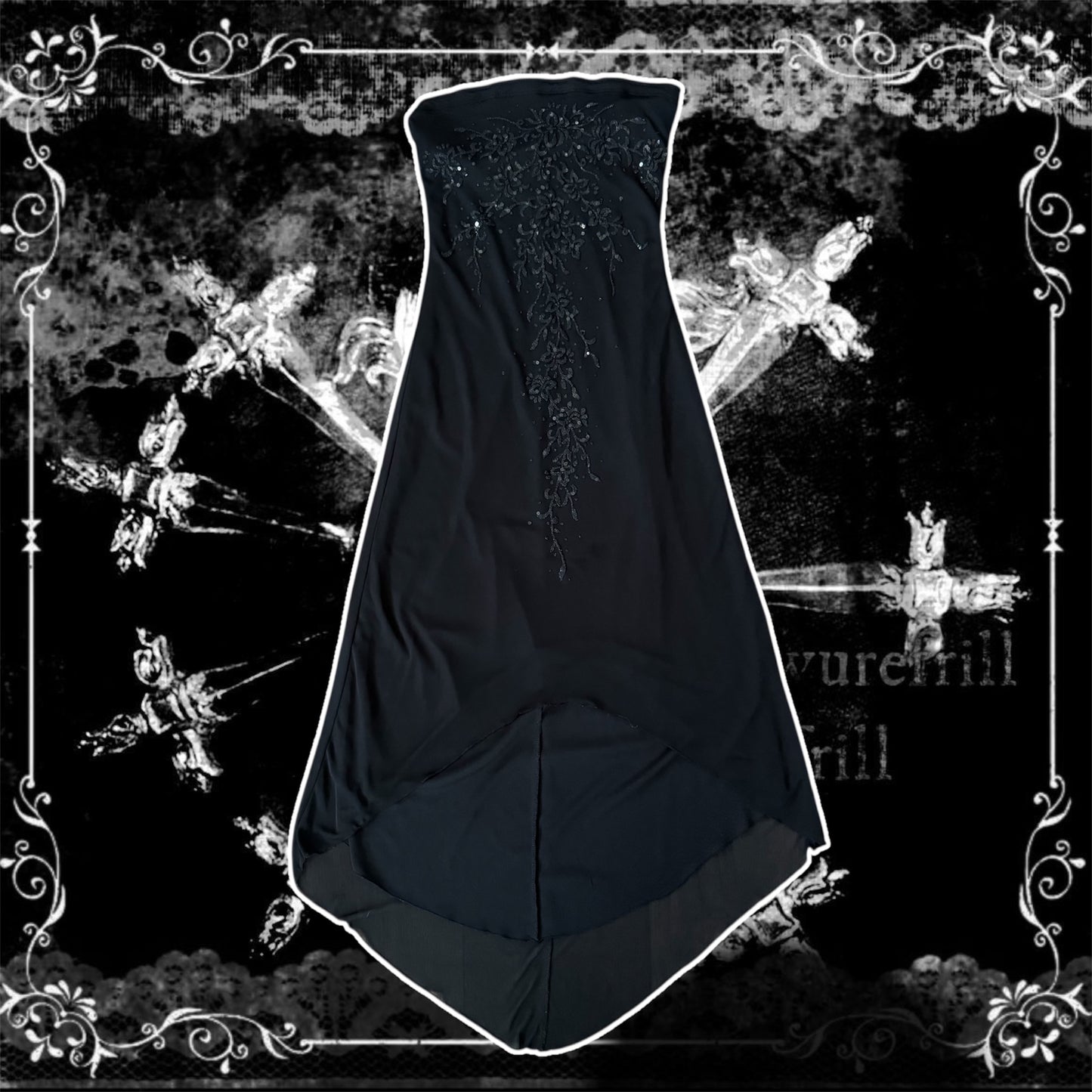 black y2k sequin asymmetric layered long dress