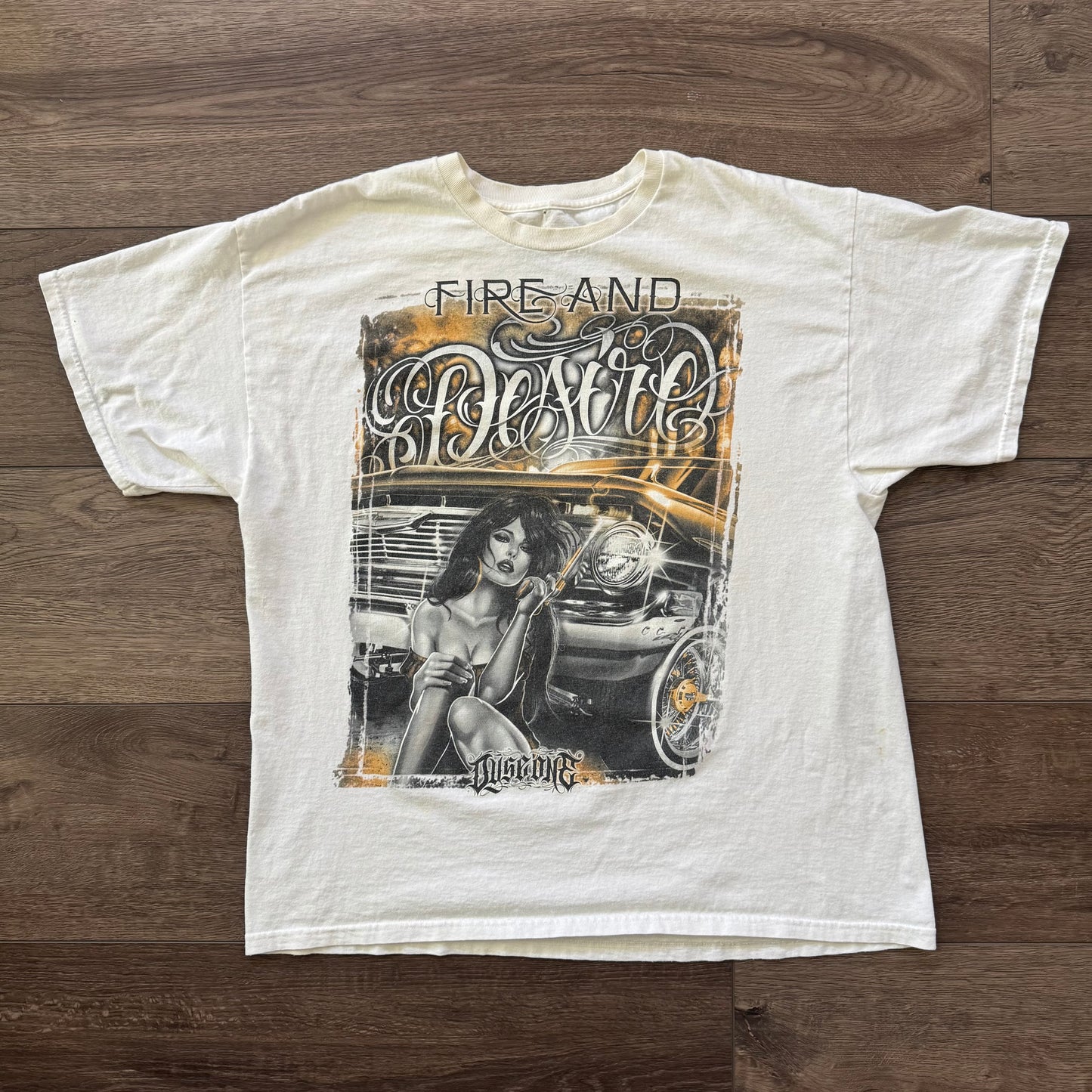 white low rider fire & desire chicano women graphic shirt