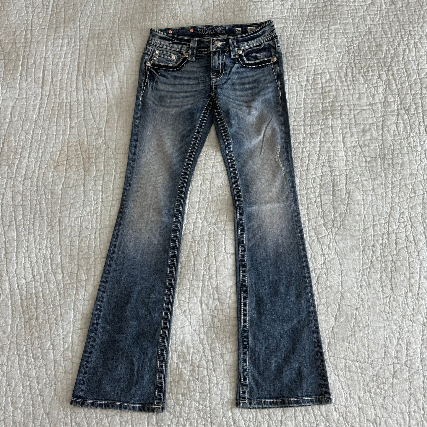 Denim Blue ‘Miss Me’ Deadstock Y2K Contrast Stitching Lowrise Bootcut Jeans