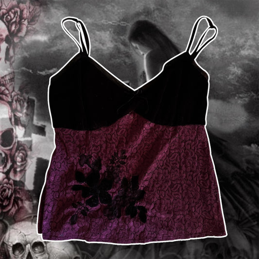 purple & black floral velvet mesh y2k fairy cami top (L/XL)