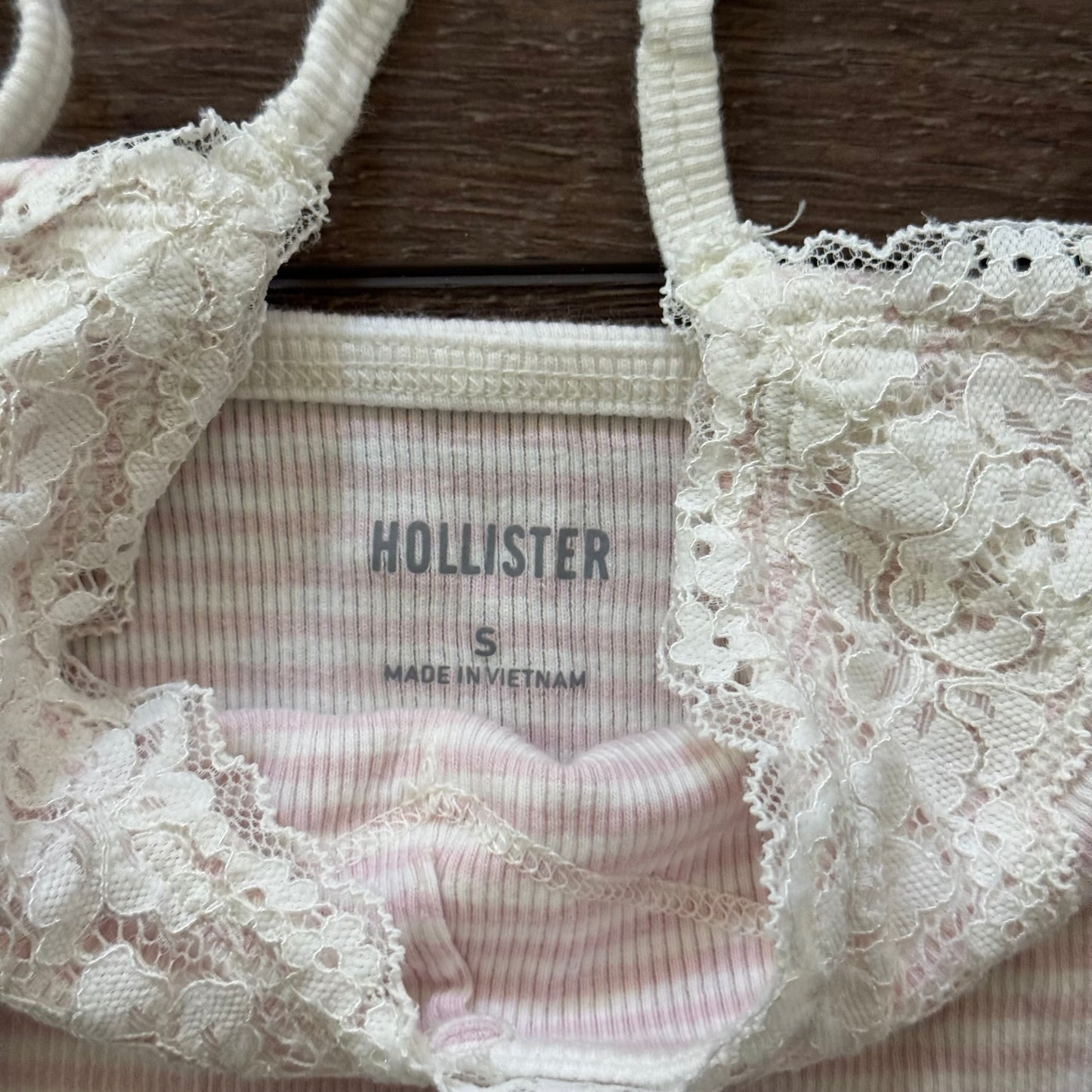 light pink & white stripped lace trim hollister tank top