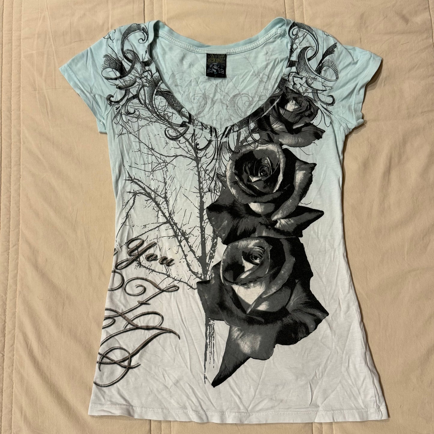 Ombré Blue ‘Rest’ Rose Print Gothic Top