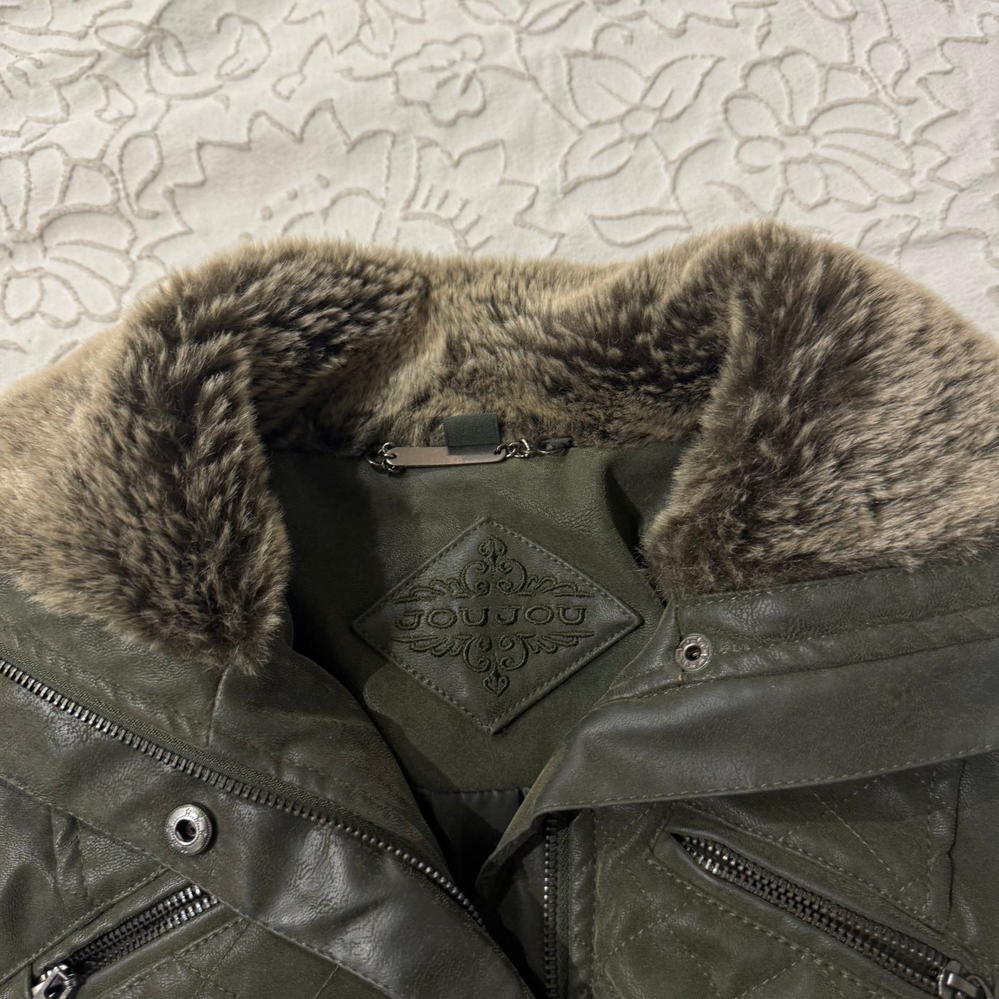 Army Green ‘Jou Jou’ Faux Fur Leather Moto Jacket