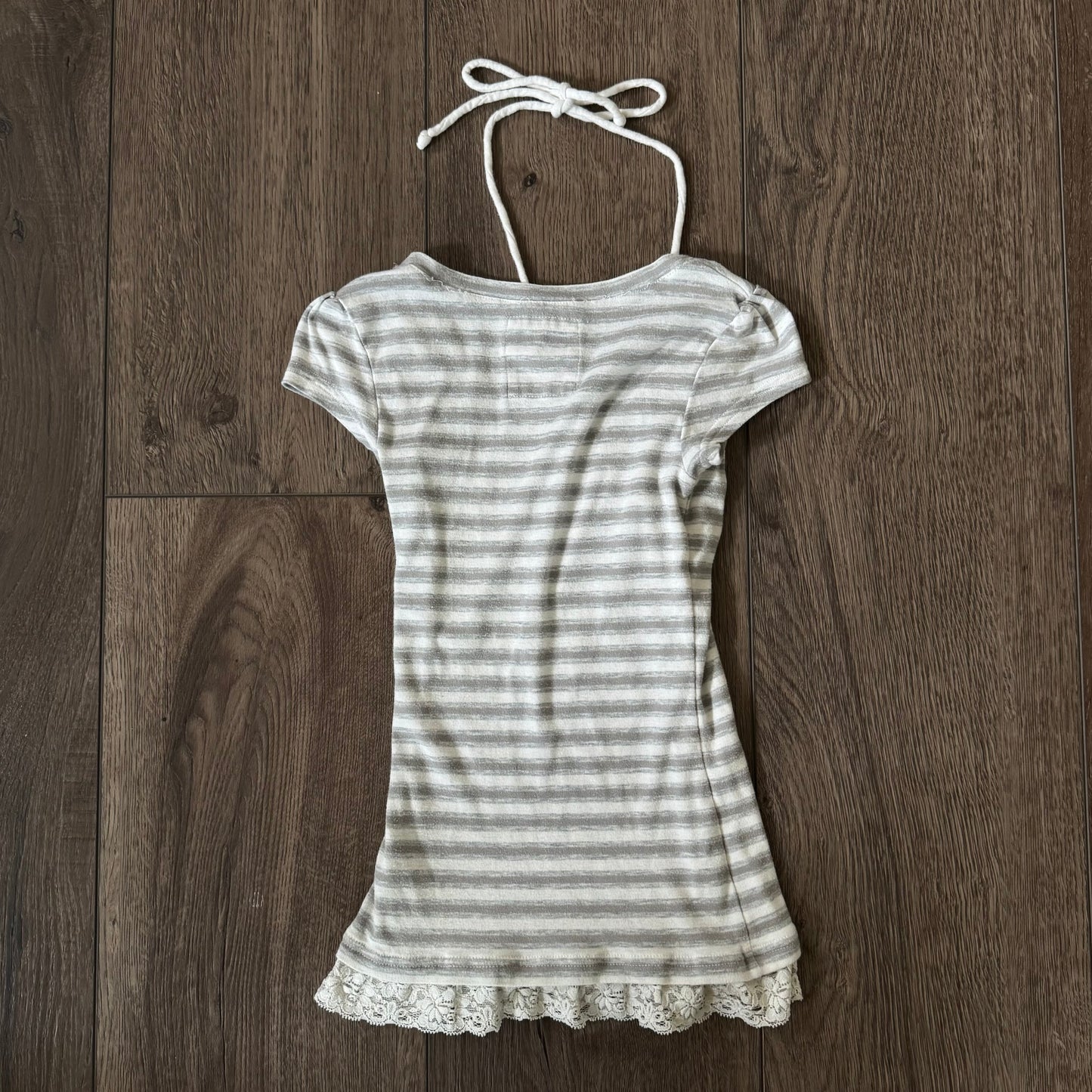 grey & white y2k stripped halter lace trim double layered top (S)